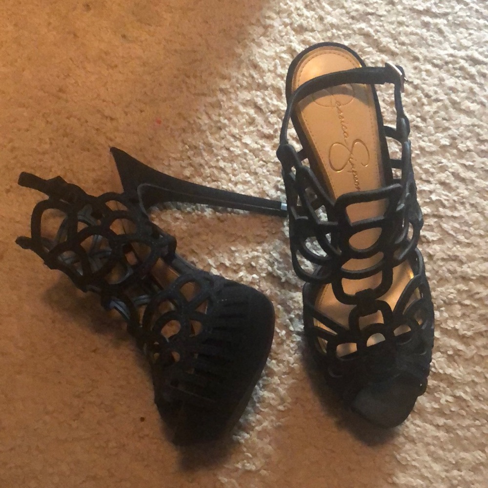 Jessica Simpson black velvet caged stilettos!